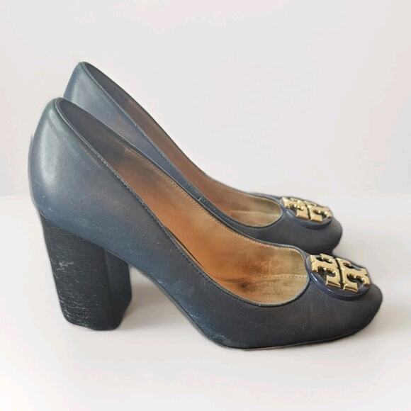 Women's Tory Burch JANEY Leather Block Heel Pumps Size 6.5 Navy 50MM - Picture 3 of 7